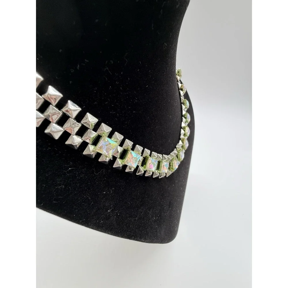 J.Crew Crystal Grid Chain‎ Statement Necklace Iridescent Silver Rhodium Plated